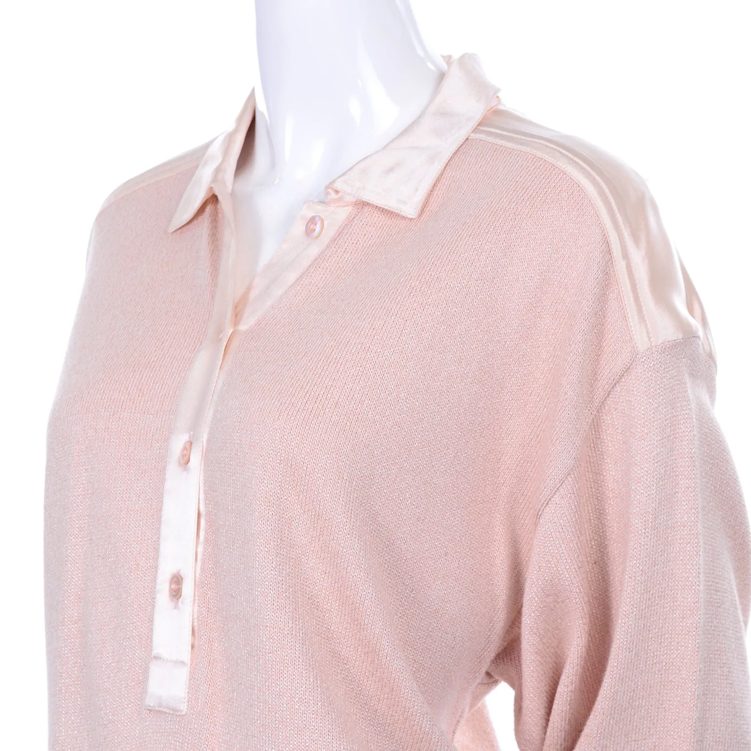 1980s Escada Margaretha Ley Silk Blend Sweater in Nude Pink w Satin Trim