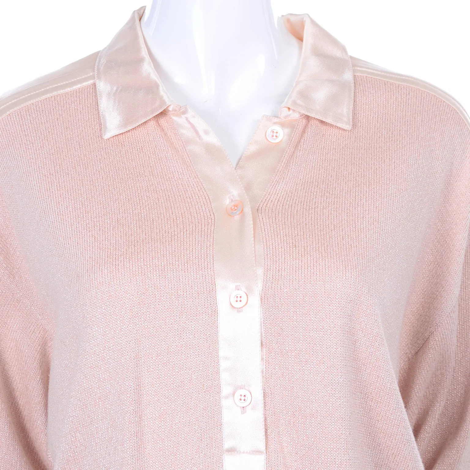 1980s Escada Margaretha Ley Silk Blend Sweater in Nude Pink w Satin Trim