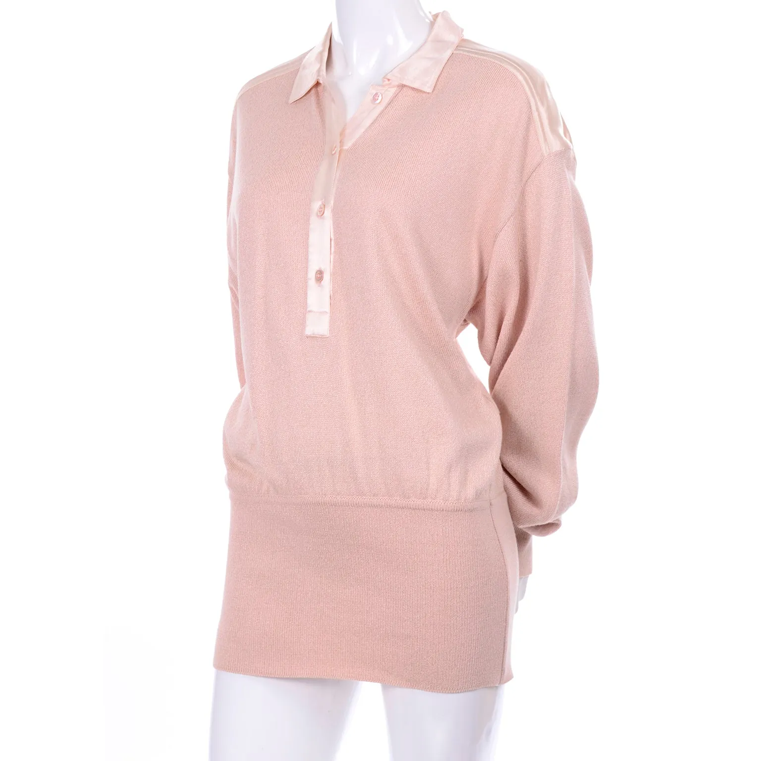 1980s Escada Margaretha Ley Silk Blend Sweater in Nude Pink w Satin Trim