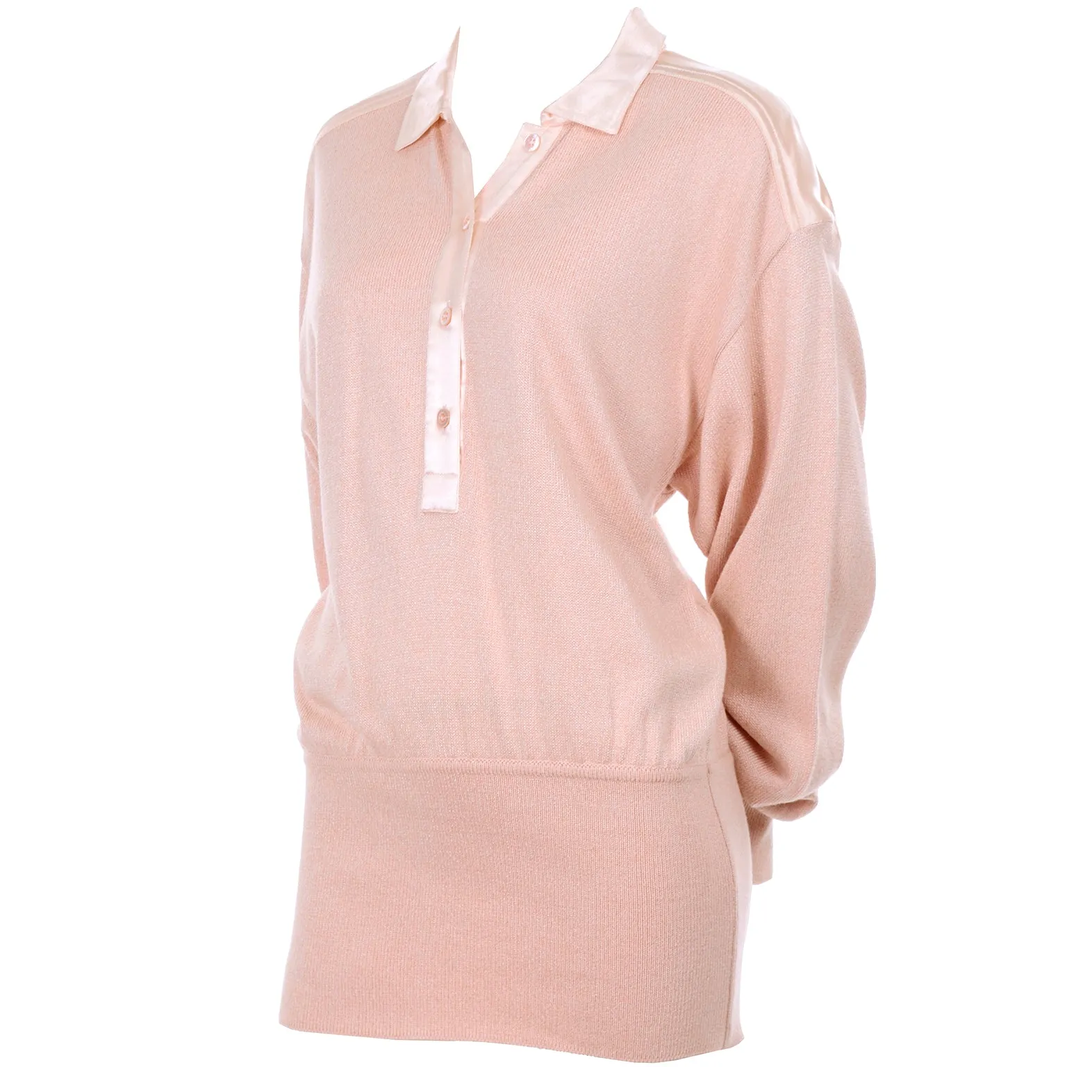 1980s Escada Margaretha Ley Silk Blend Sweater in Nude Pink w Satin Trim