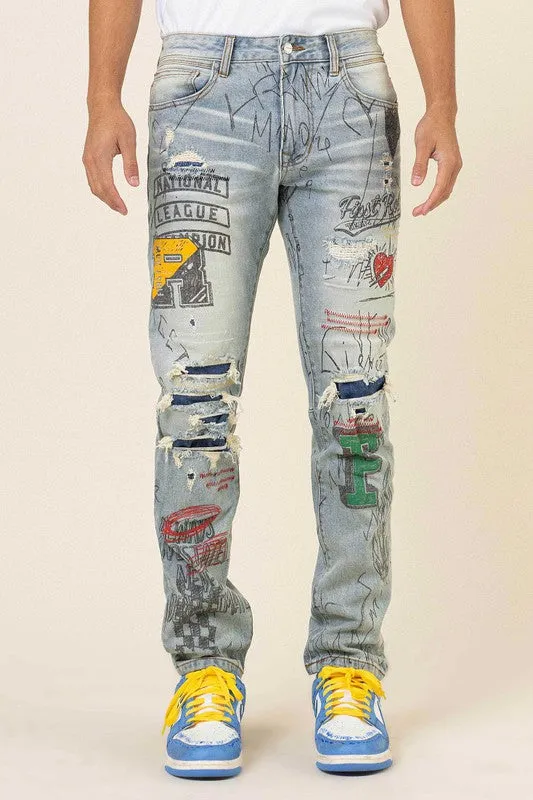 ALL OVER DOODLING SLIM FIT DENIM