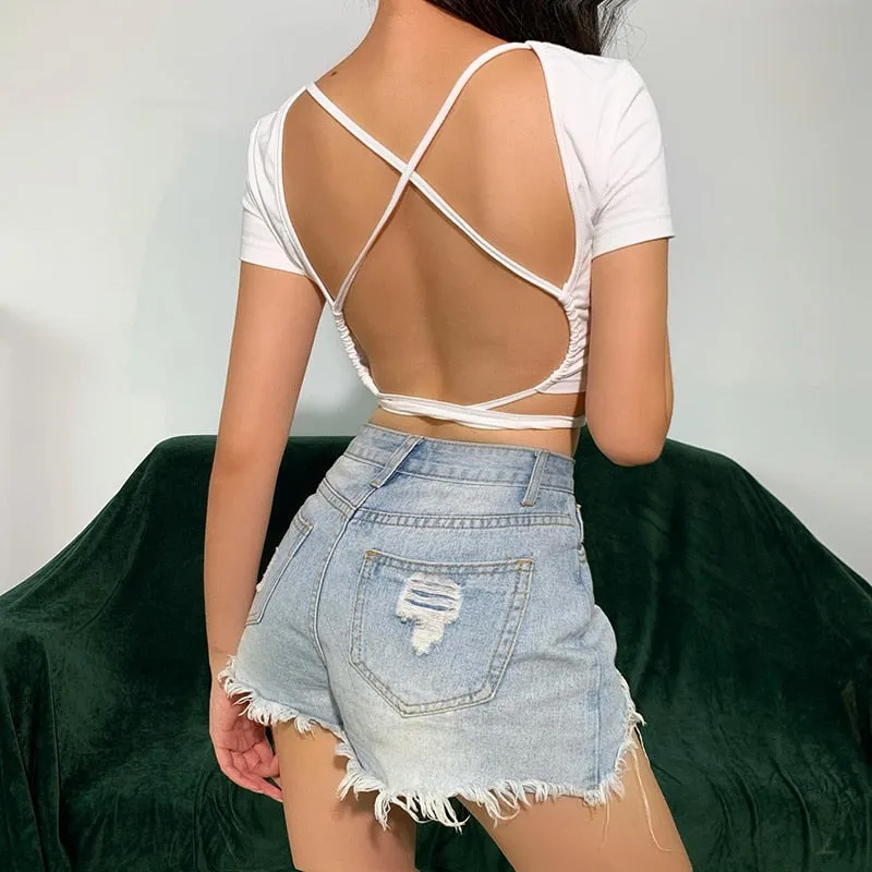 Backless t shirt crop top summer short sleeve lace up criss cross party club streetwear T shirt slim tops