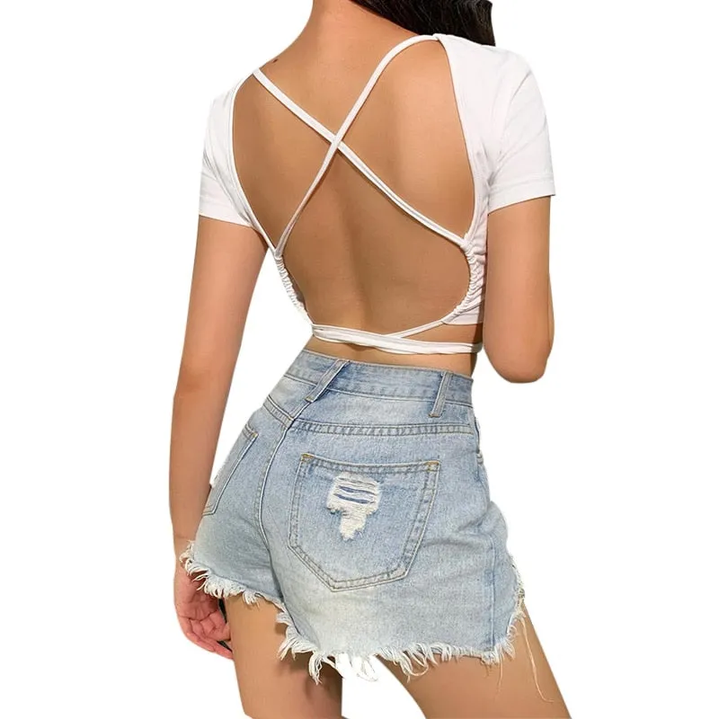 Backless t shirt crop top summer short sleeve lace up criss cross party club streetwear T shirt slim tops