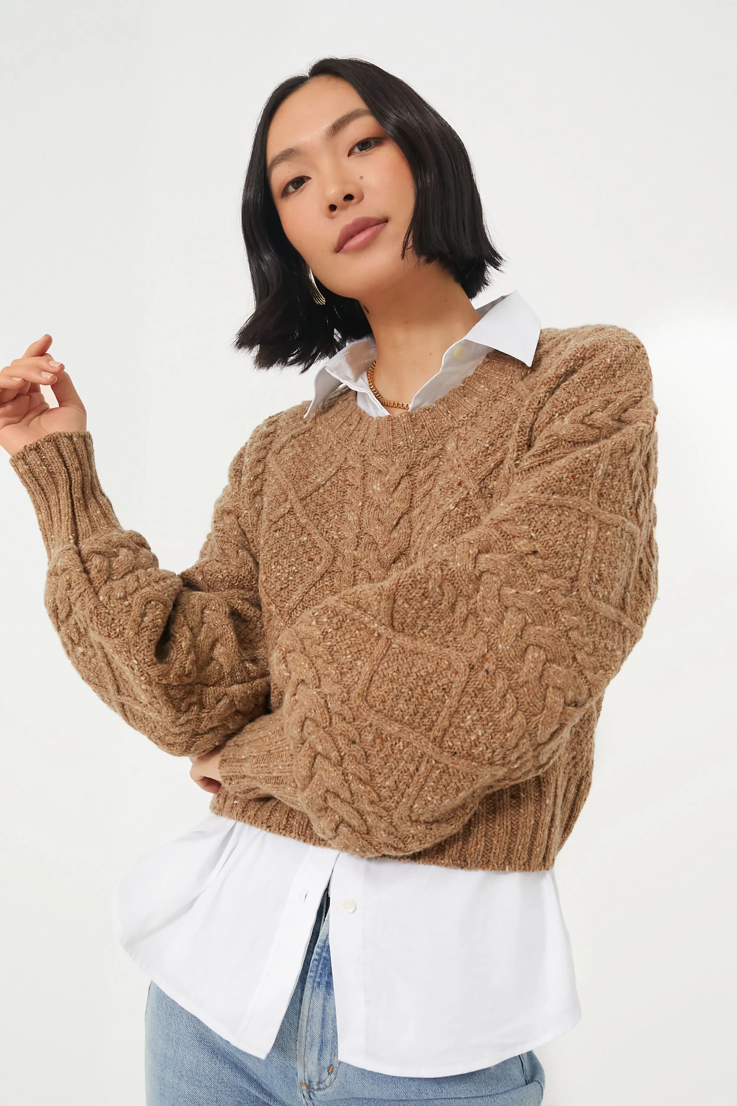 Biscuit Cable Knit Cropped Crew Neck Sweater