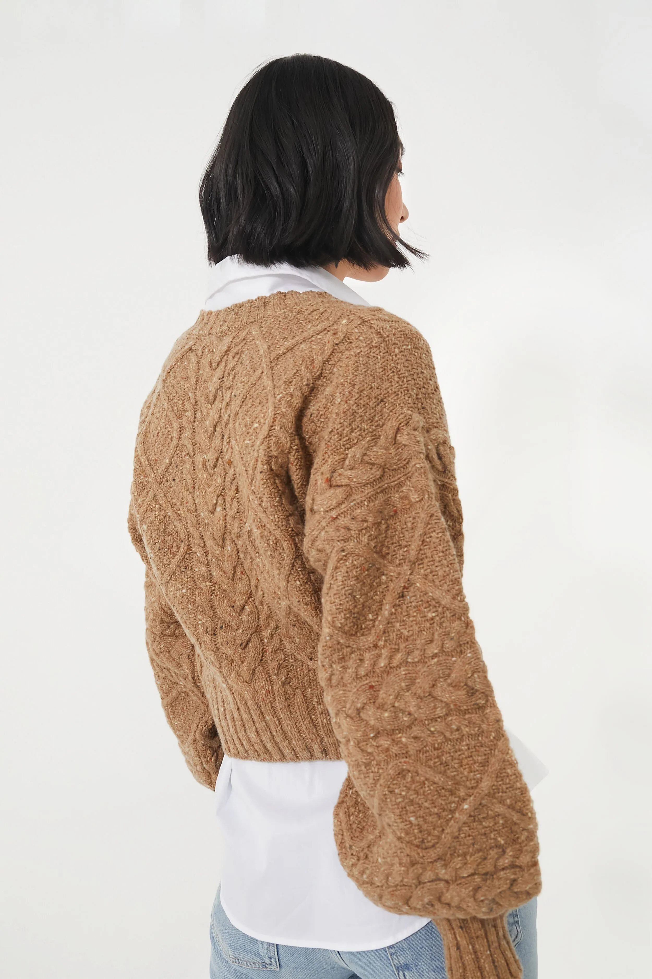 Biscuit Cable Knit Cropped Crew Neck Sweater