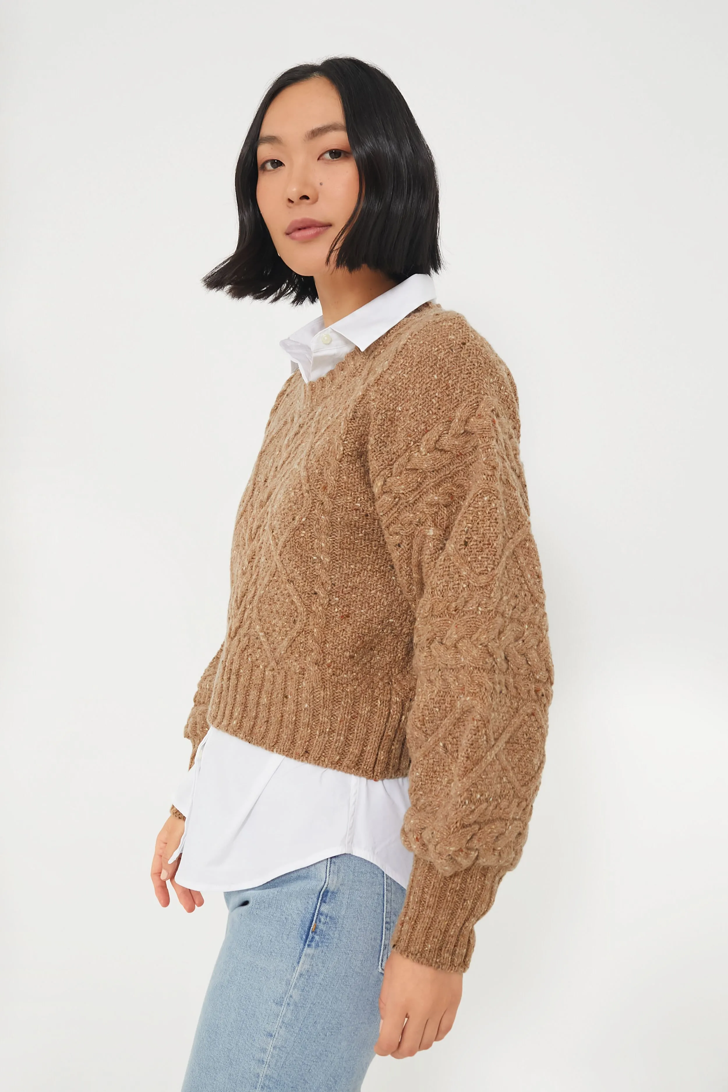 Biscuit Cable Knit Cropped Crew Neck Sweater