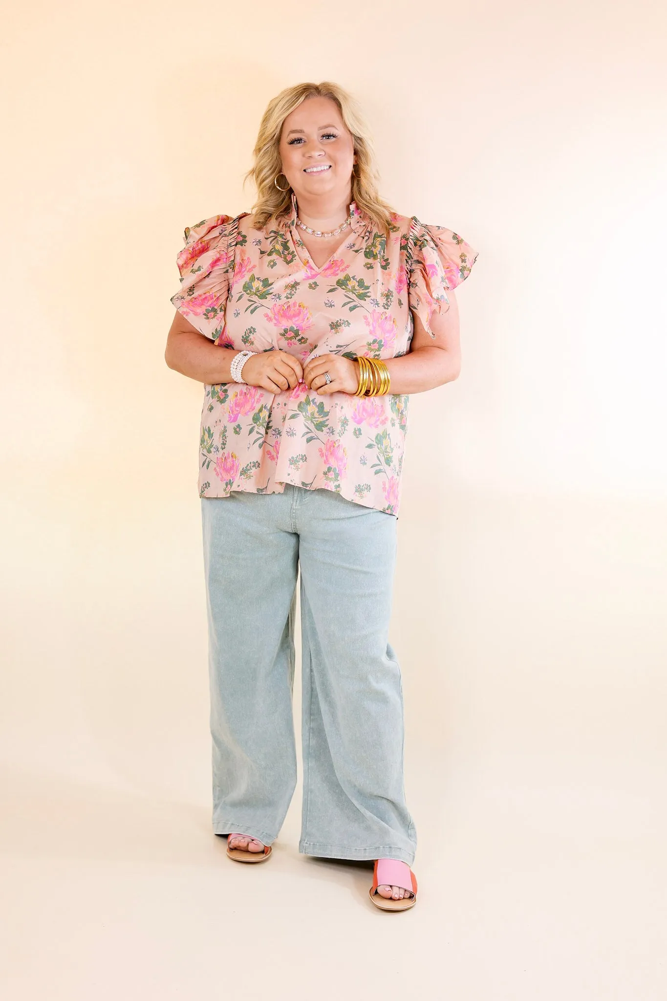 Blooming Chic Floral Print Top with Ruffle Cap Sleeves in Peach