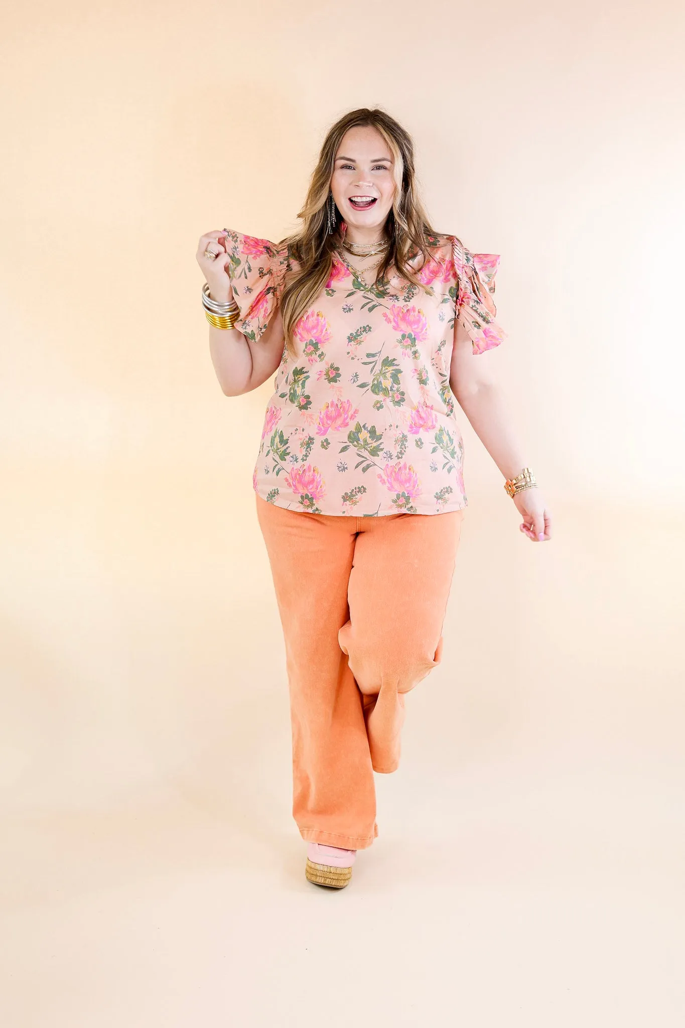 Blooming Chic Floral Print Top with Ruffle Cap Sleeves in Peach