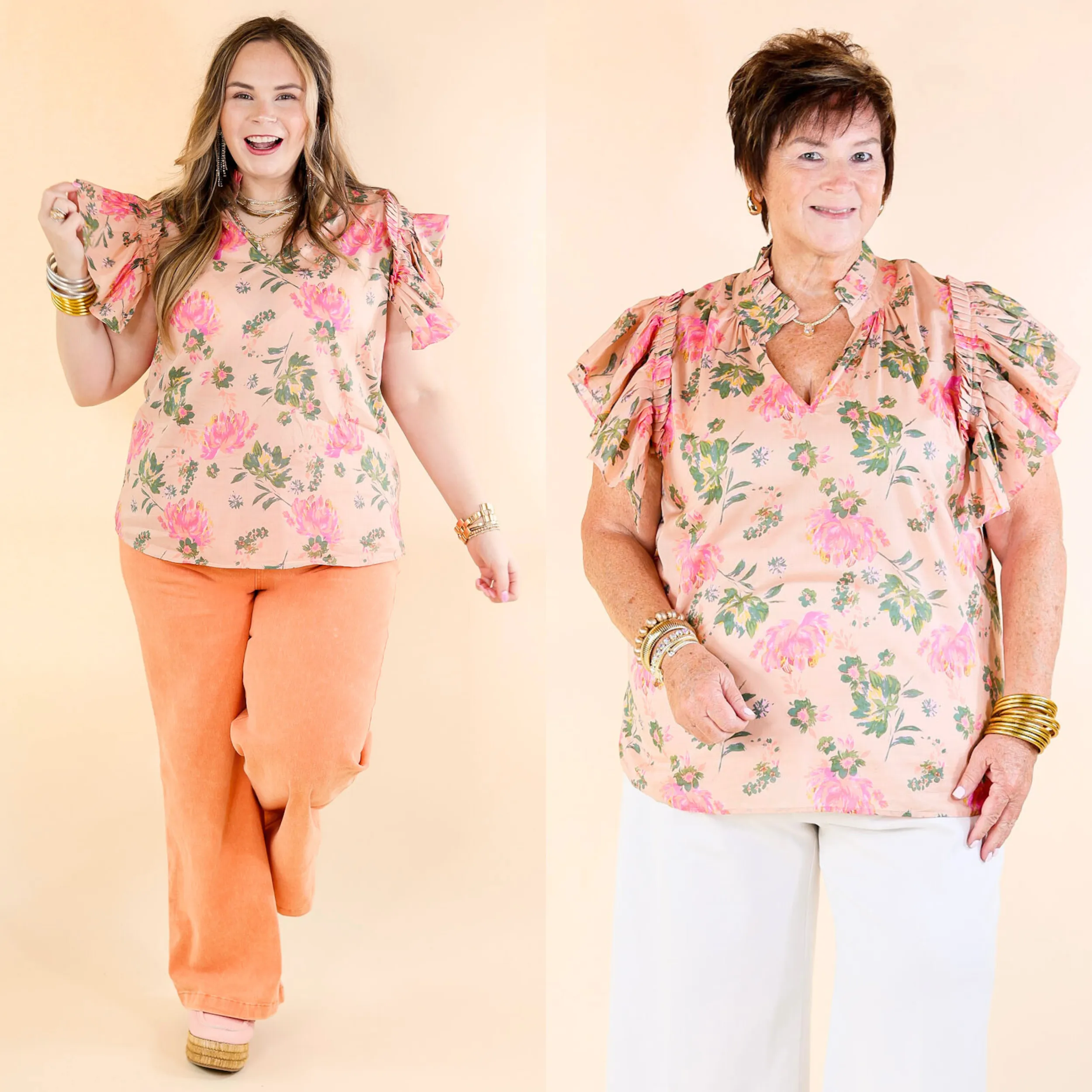 Blooming Chic Floral Print Top with Ruffle Cap Sleeves in Peach