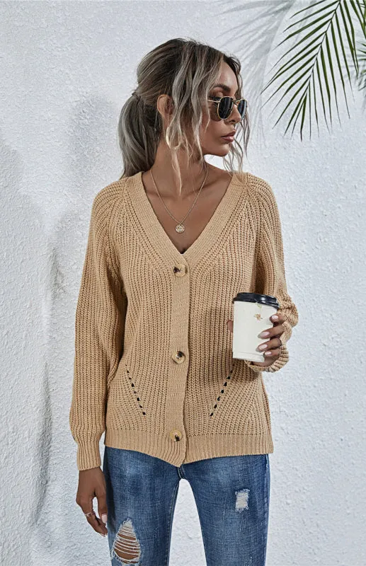 Bohemian Women's Solid V-Neck Lantern Sleeve Knit Cardigan