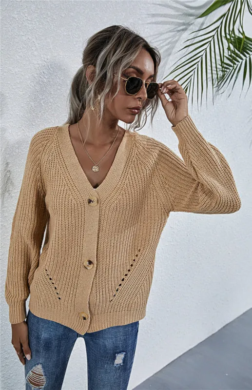 Bohemian Women's Solid V-Neck Lantern Sleeve Knit Cardigan