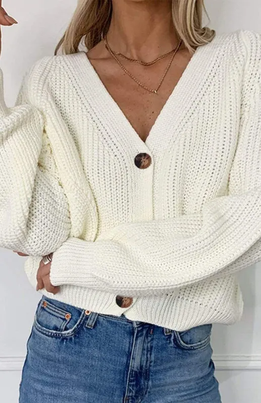 Bohemian Women's Solid V-Neck Lantern Sleeve Knit Cardigan