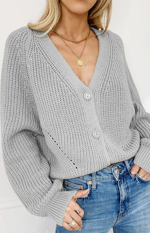 Bohemian Women's Solid V-Neck Lantern Sleeve Knit Cardigan