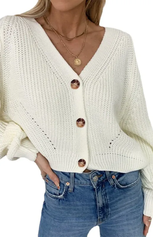 Bohemian Women's Solid V-Neck Lantern Sleeve Knit Cardigan