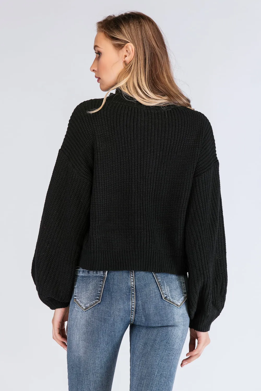 Boho Turtleneck Rib-Knit Lantern Sleeve Sweater