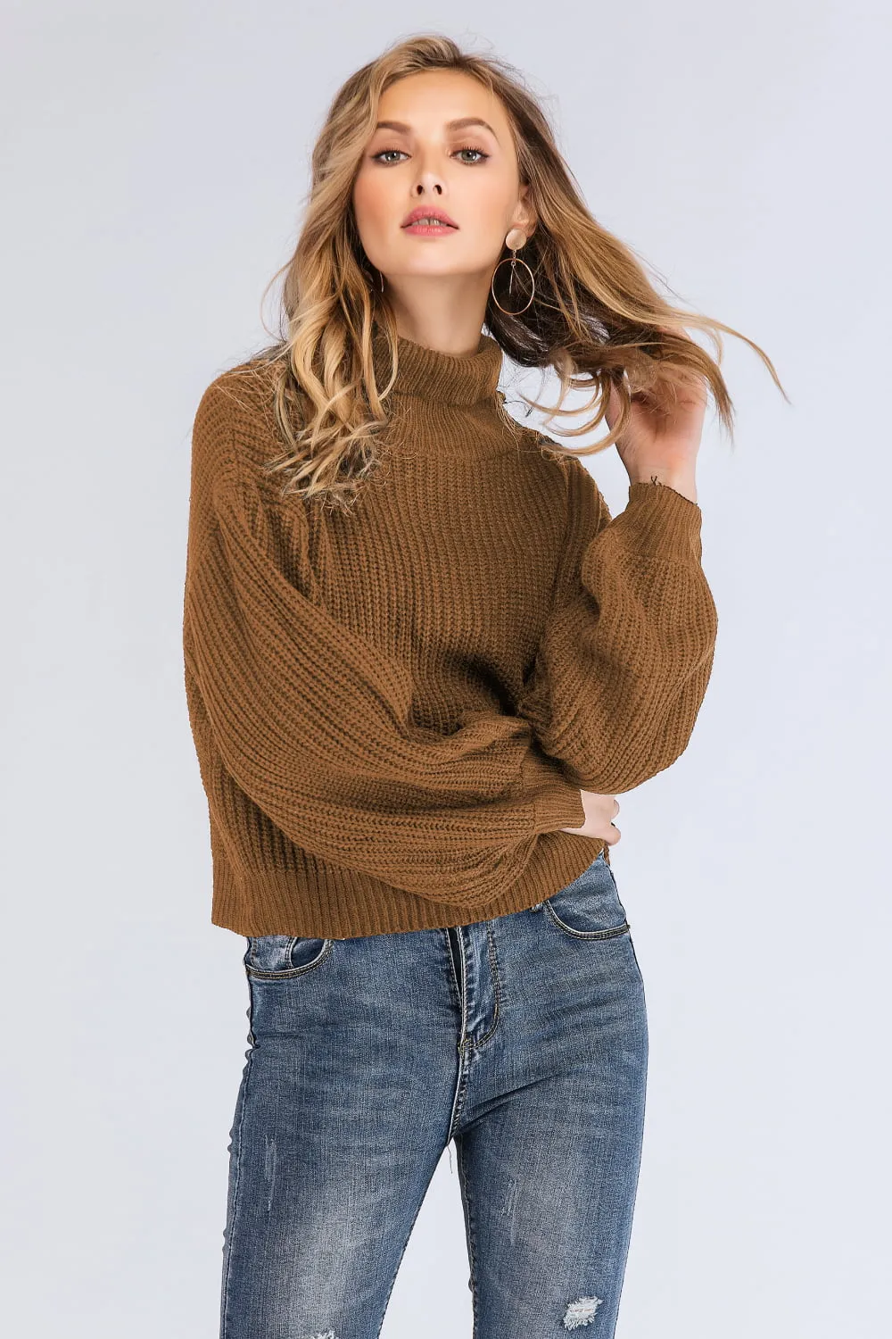 Boho Turtleneck Rib-Knit Lantern Sleeve Sweater