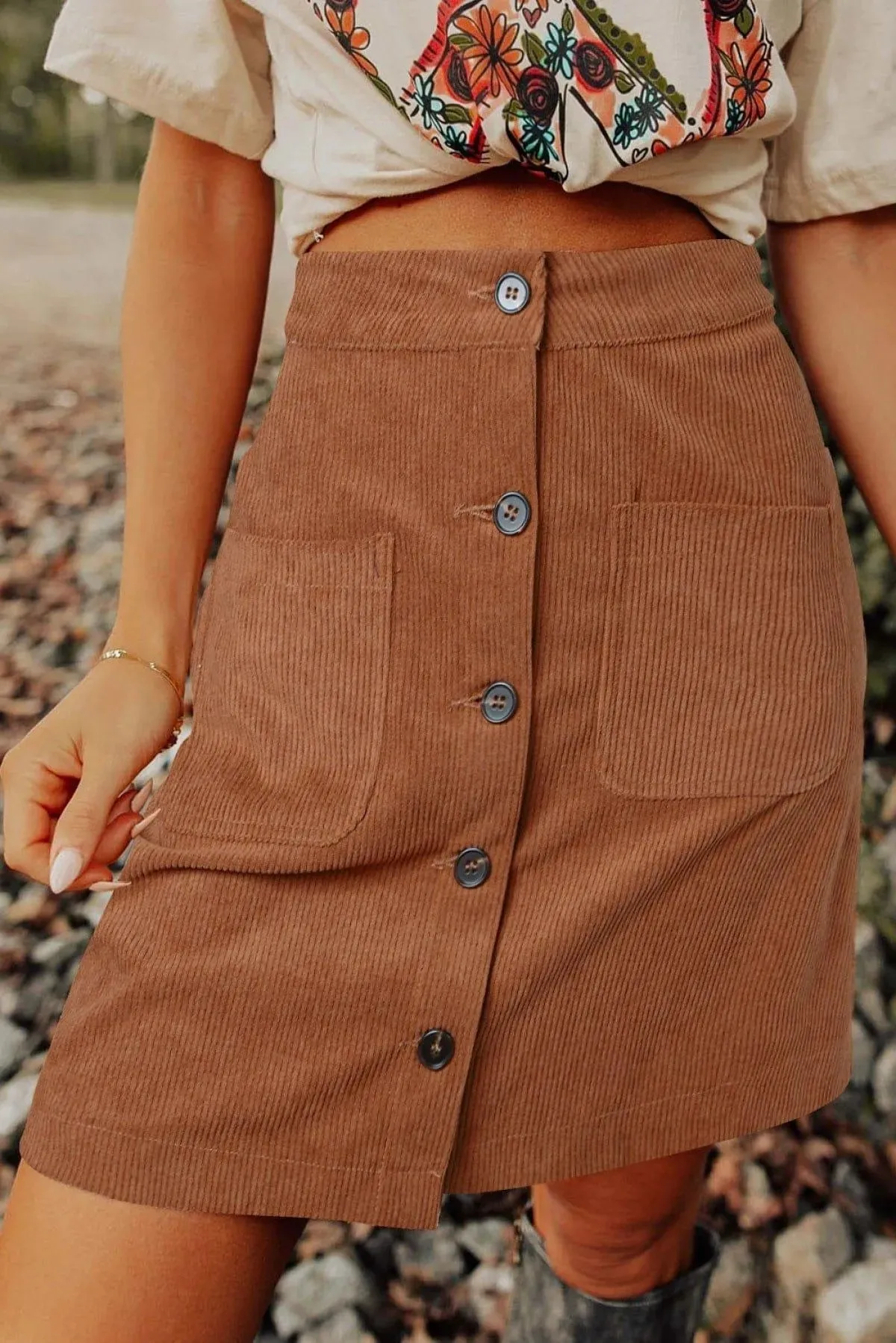 Brown Buttons Front Corduroy Mini Skirt