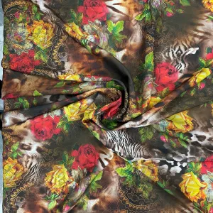 Brown Multicolor Floral Print Viscose Satin Fabric