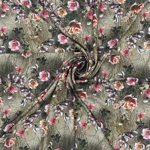 Brown Red Floral Print Viscose Satin Fabric