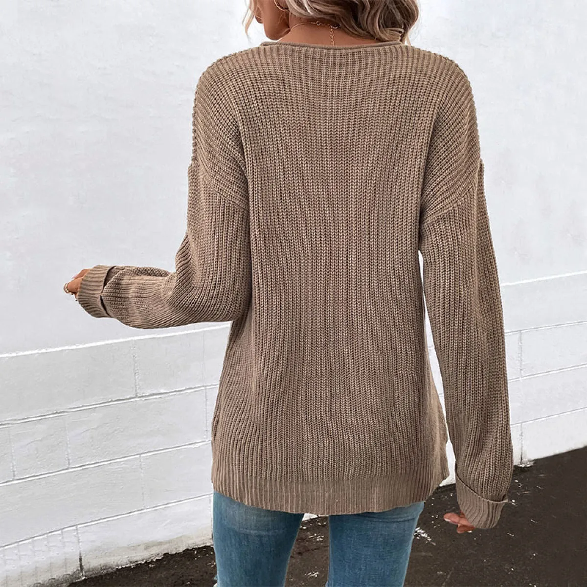 Brown V-Neck Knitted Sweater