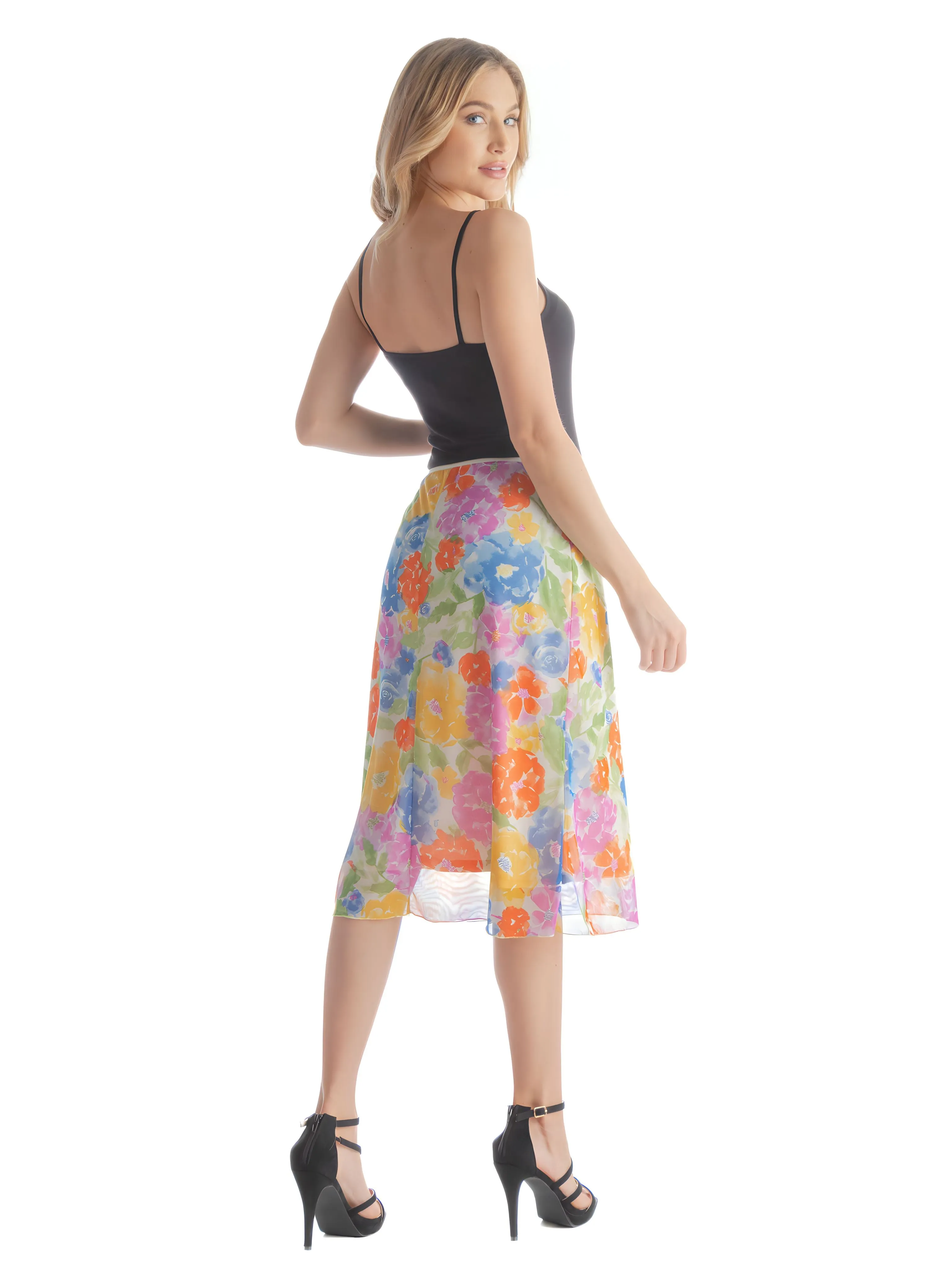 Colorful Spring Floral Sheer Overlay Elastic Waist Knee Length Skirt