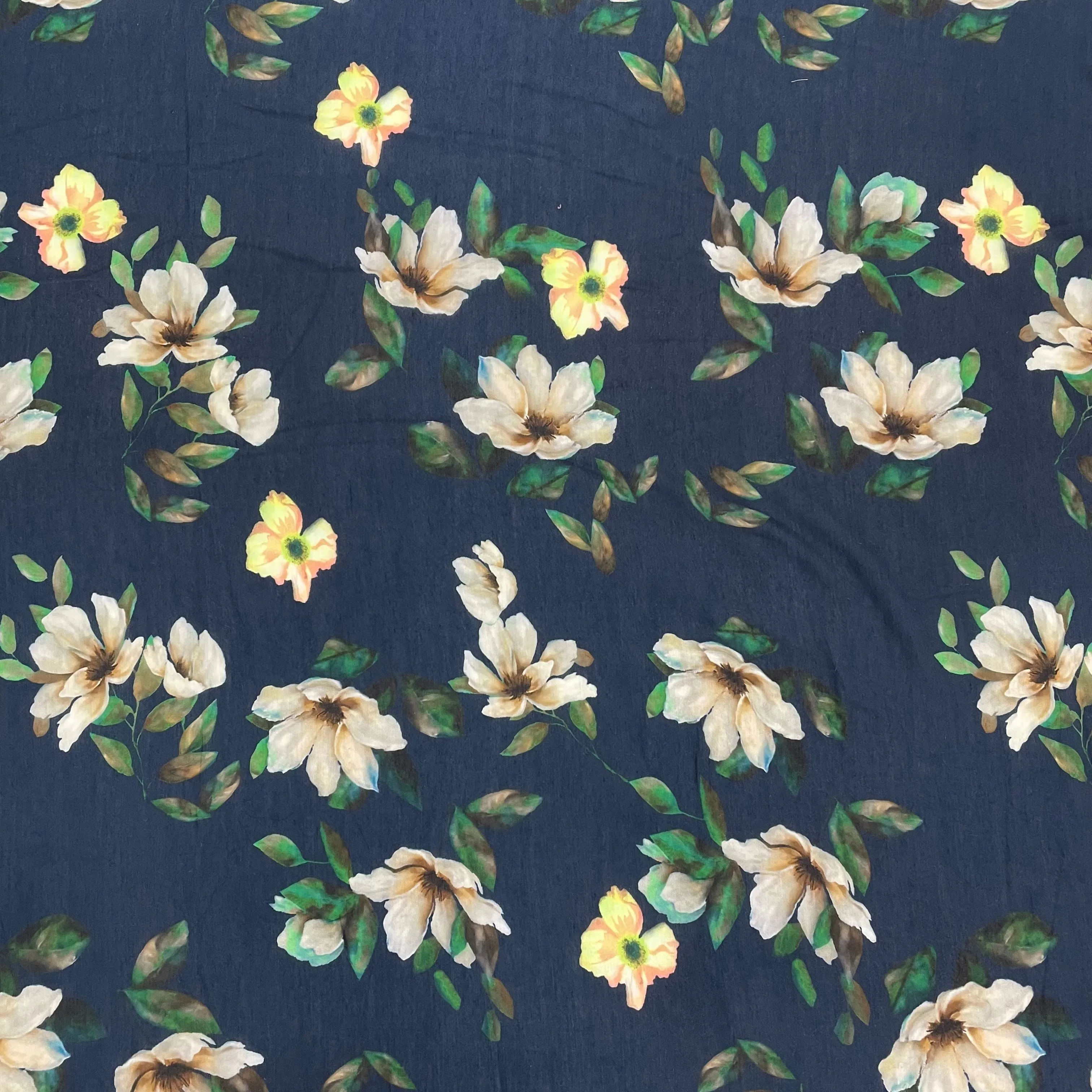 Dark Blue & Yellow Floral Print Viscose Satin Fabric