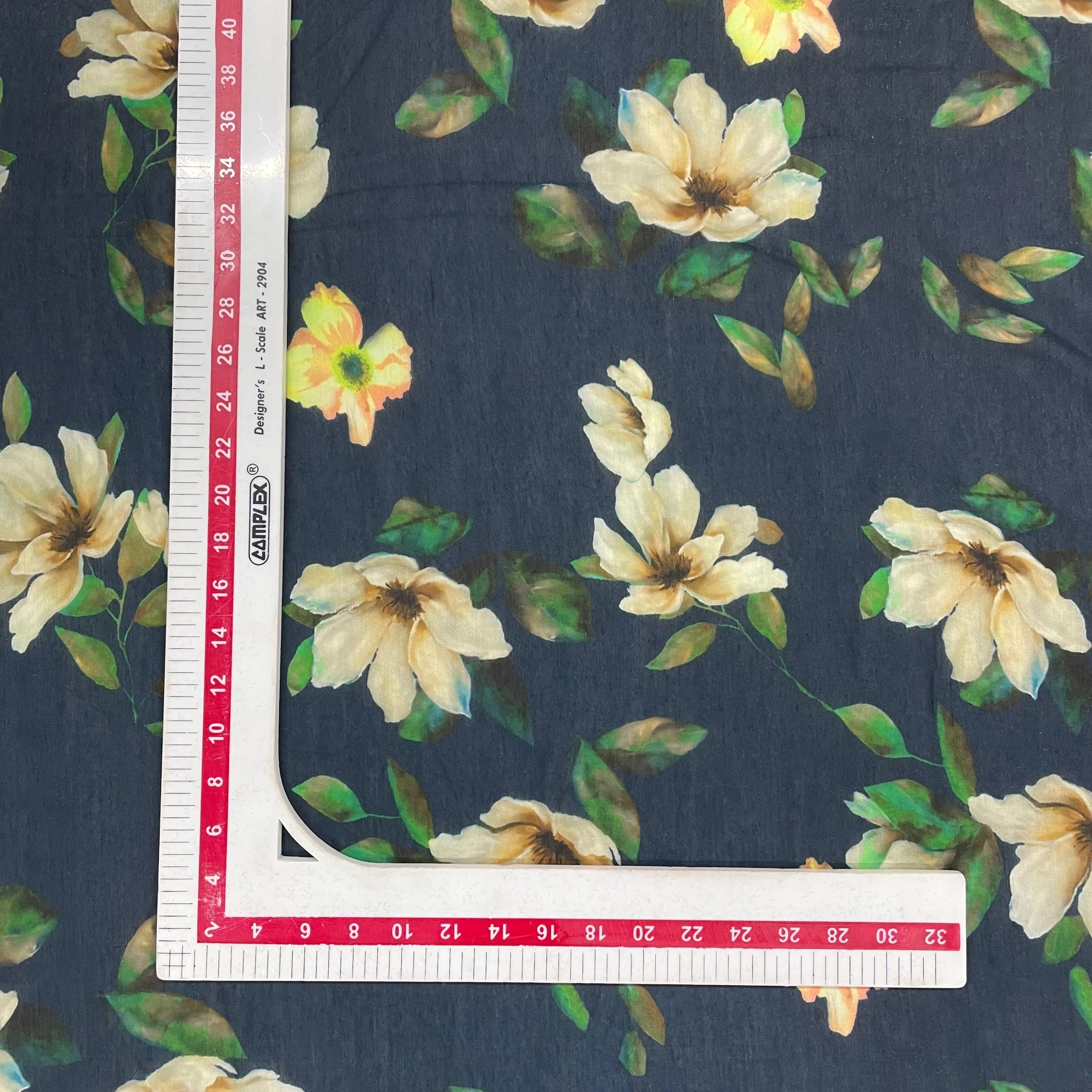 Dark Blue & Yellow Floral Print Viscose Satin Fabric