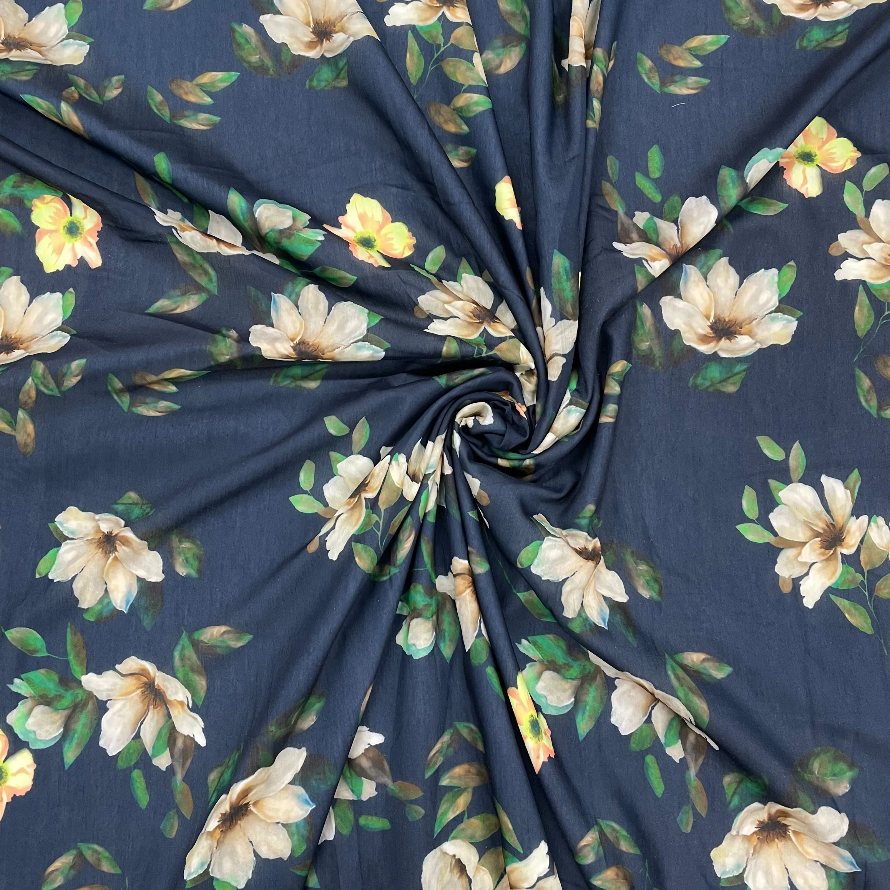 Dark Blue & Yellow Floral Print Viscose Satin Fabric