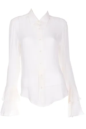 Deadstock 2000s Oscar de la Renta Ivory Silk Blouse w Ruffled Sleeve Cuffs