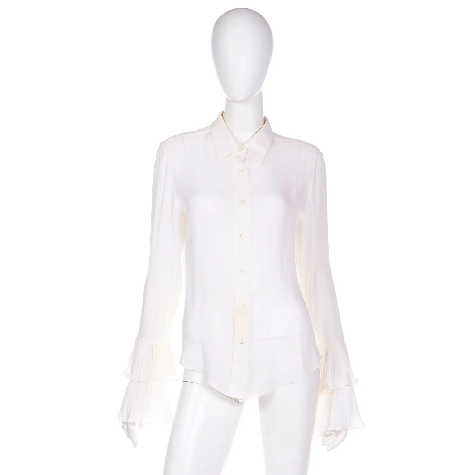 Deadstock 2000s Oscar de la Renta Ivory Silk Blouse w Ruffled Sleeve Cuffs