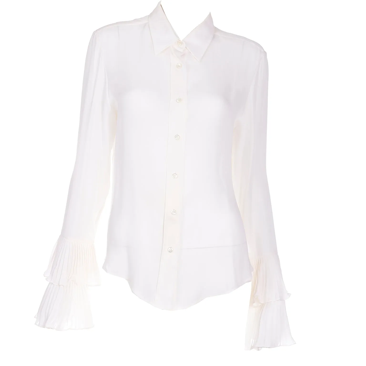 Deadstock 2000s Oscar de la Renta Ivory Silk Blouse w Ruffled Sleeve Cuffs