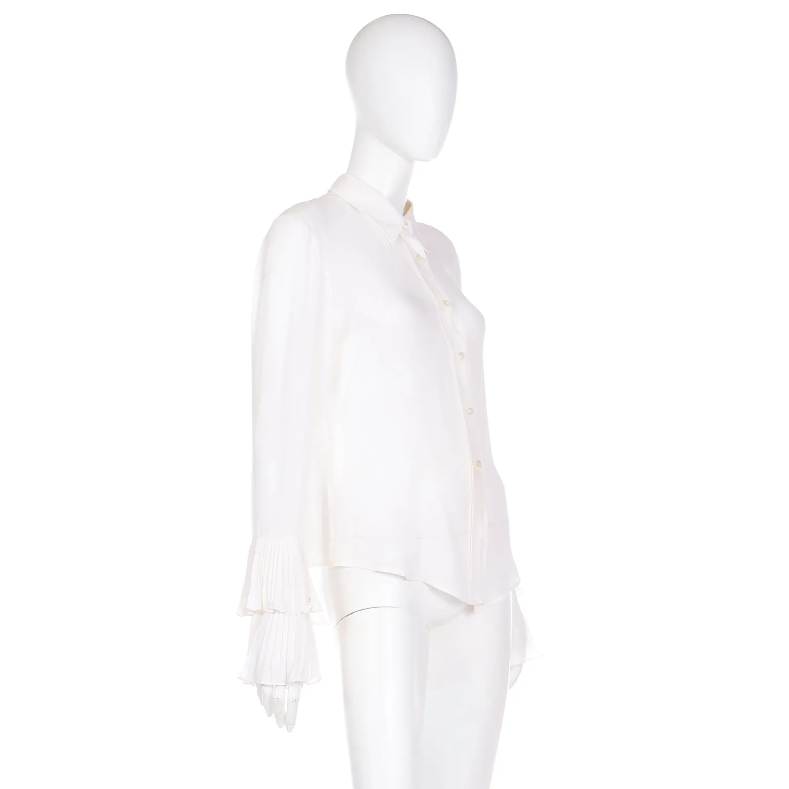 Deadstock 2000s Oscar de la Renta Ivory Silk Blouse w Ruffled Sleeve Cuffs