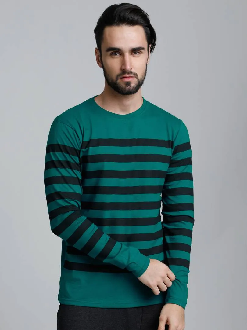 Dillinger Men's Green Striped Cotton Round Neck T Shirt