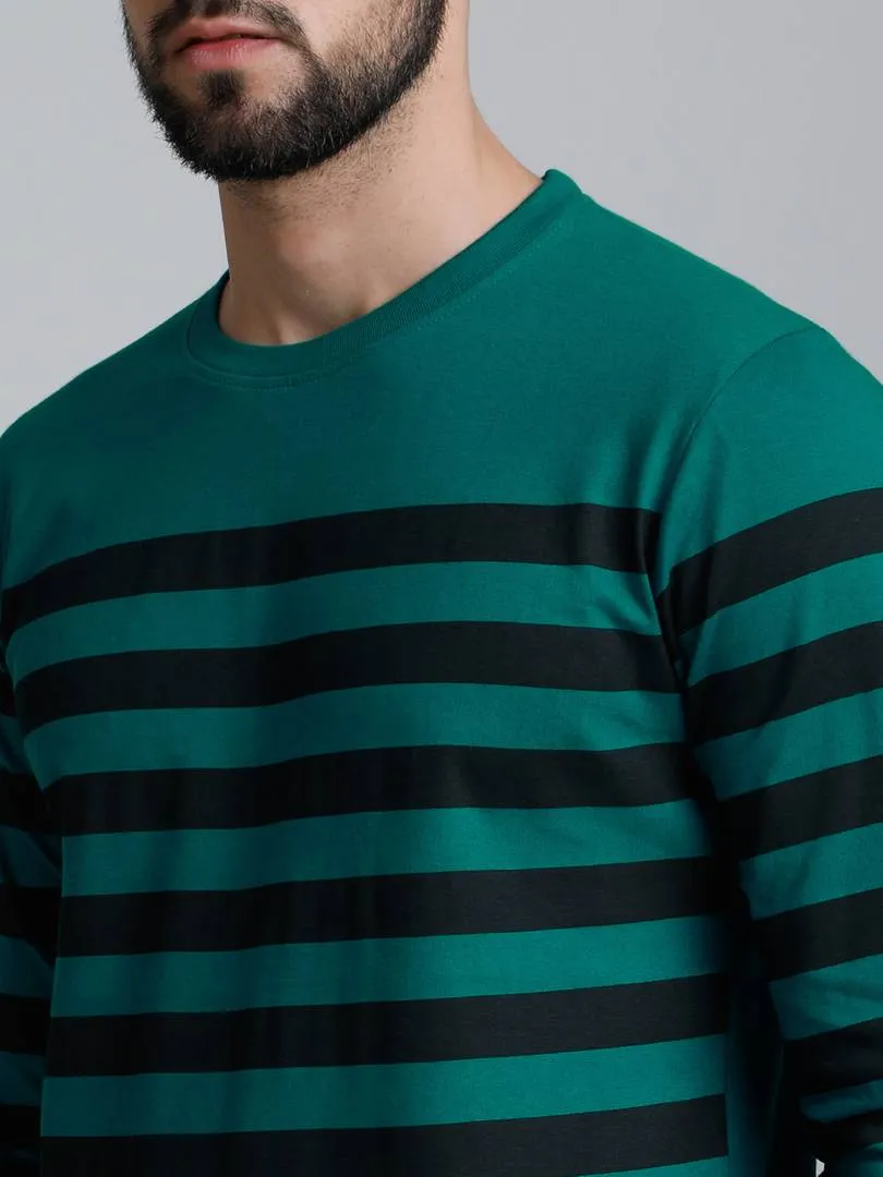 Dillinger Men's Green Striped Cotton Round Neck T Shirt