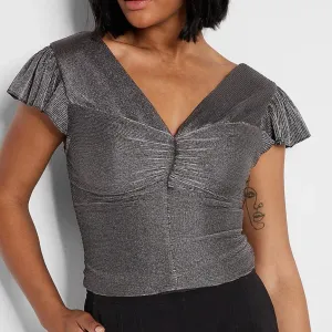 Express Metallic Pleated Flutter Sleeve Cropped Top, Size Large