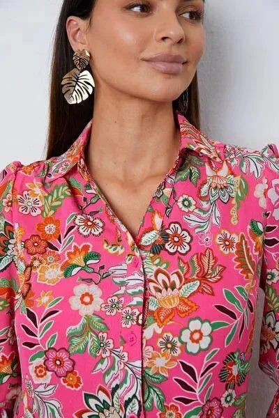 Feminine Flair: Floral Button-Up with Flirty Flounce Sleeve Shirt