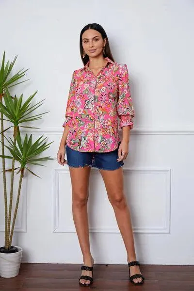 Feminine Flair: Floral Button-Up with Flirty Flounce Sleeve Shirt