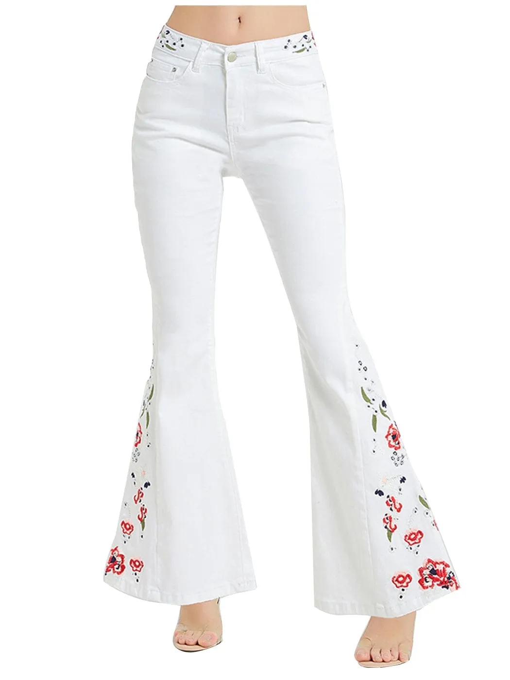 Floral Daisy Embroidered Mid Rise Bell Bottom Flare Frayed Hem Jeans