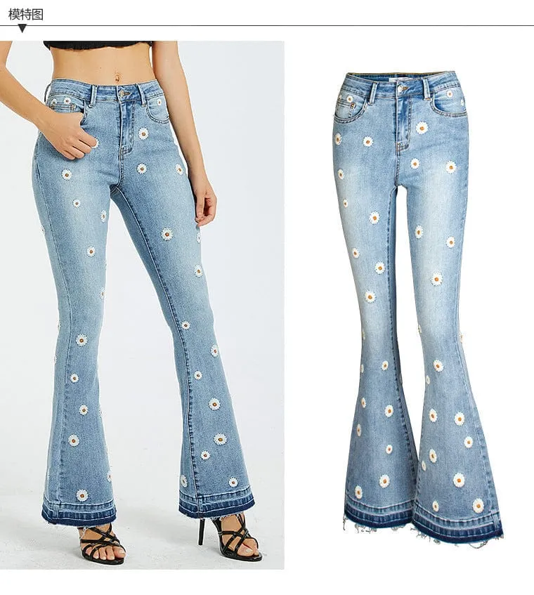 Floral Daisy Embroidered Mid Rise Bell Bottom Flare Frayed Hem Jeans