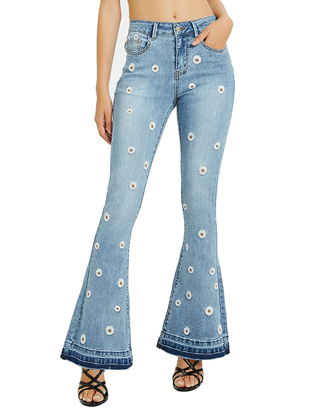 Floral Daisy Embroidered Mid Rise Bell Bottom Flare Frayed Hem Jeans