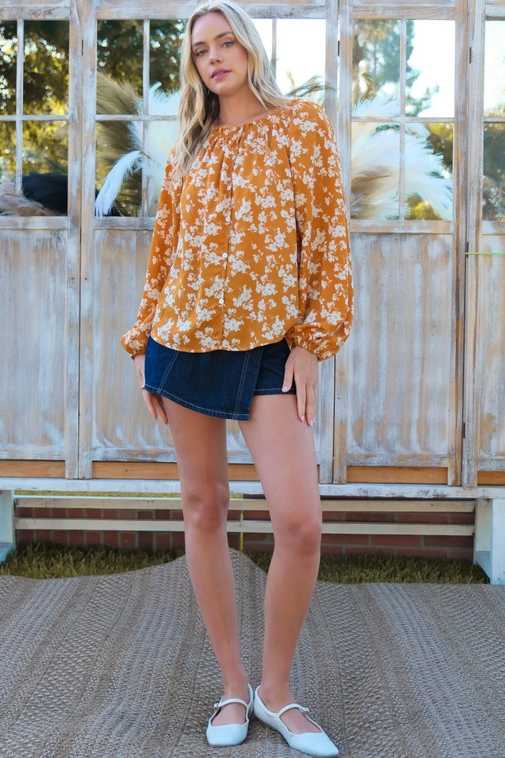 Floral Off-Shoulder Balloon Sleeve Blouse