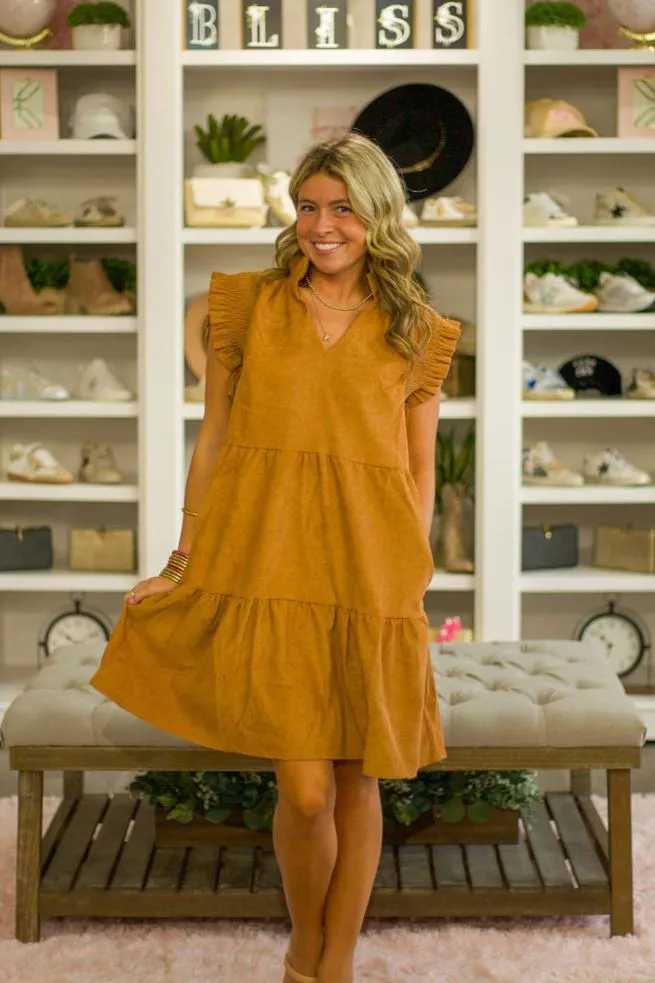 Flutter Sleeve Corduroy Midi Dress