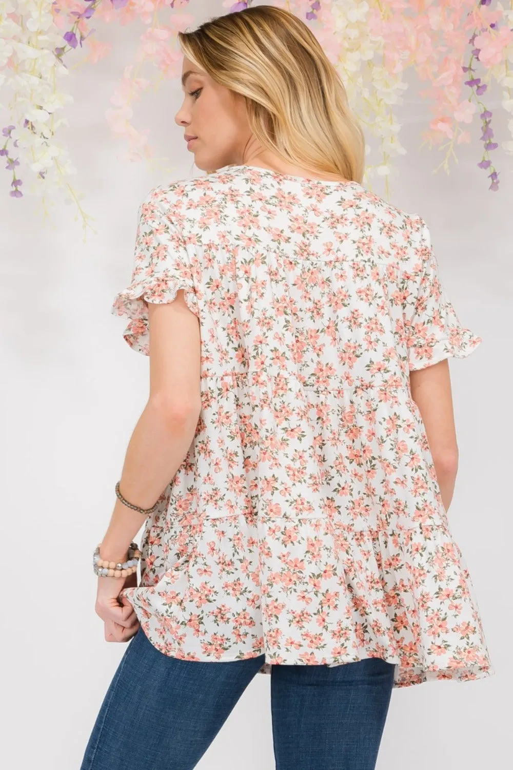 Full Size Floral Ruffled Short Sleeve Blouse