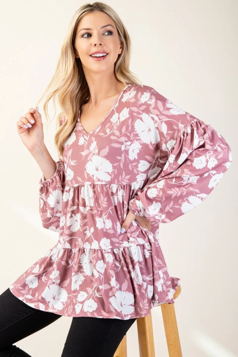 Full Size Tiered Floral V-Neck Long Sleeve Blouse