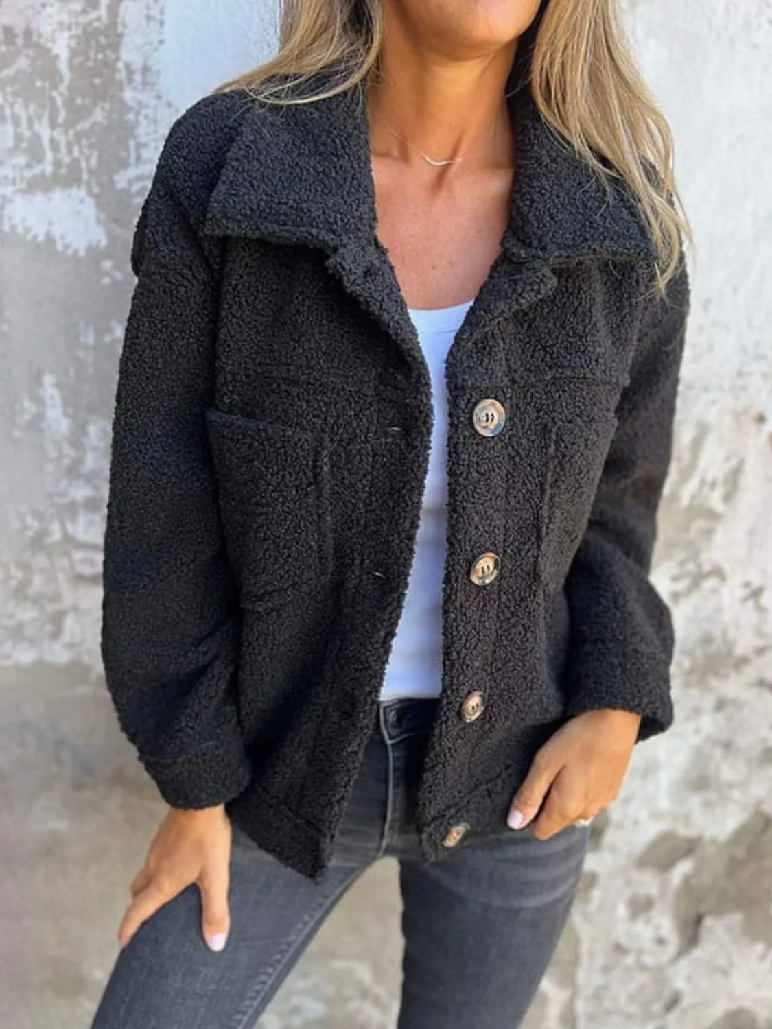 Fuzzy Button Up Drop Shoulder Jacket | Fuzzy Jackets | Cozy Weather