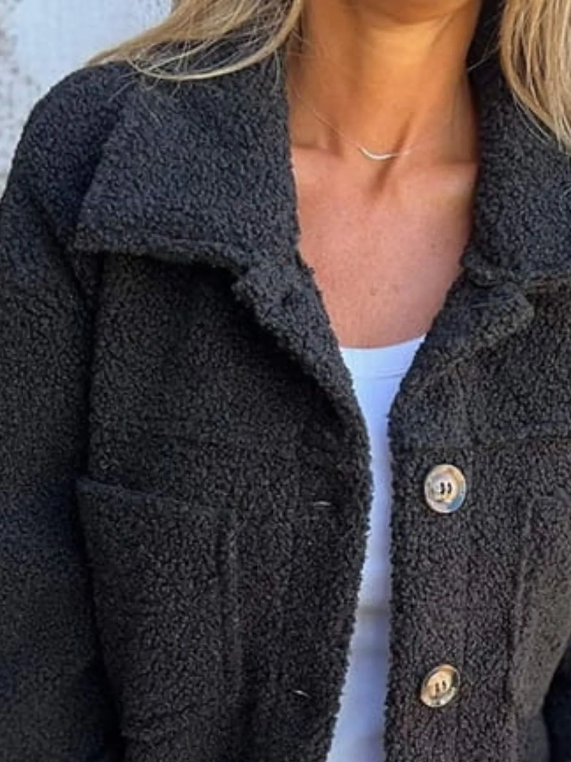 Fuzzy Button Up Drop Shoulder Jacket | Fuzzy Jackets | Cozy Weather