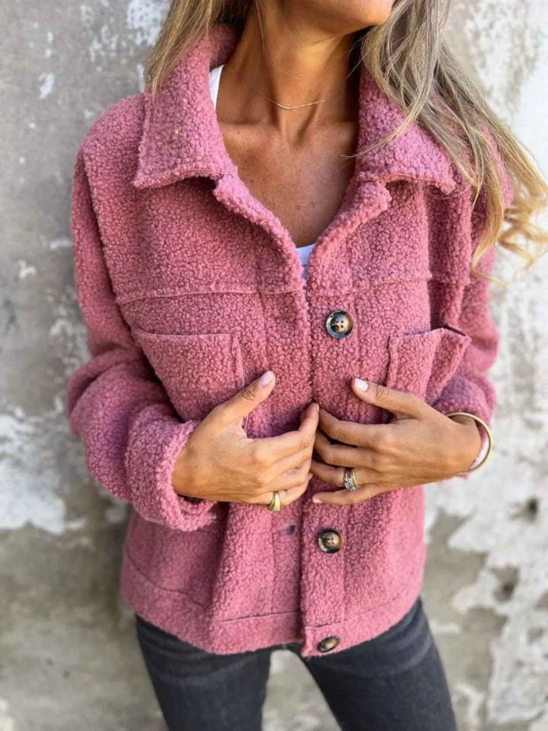 Fuzzy Button Up Drop Shoulder Jacket | Fuzzy Jackets | Cozy Weather