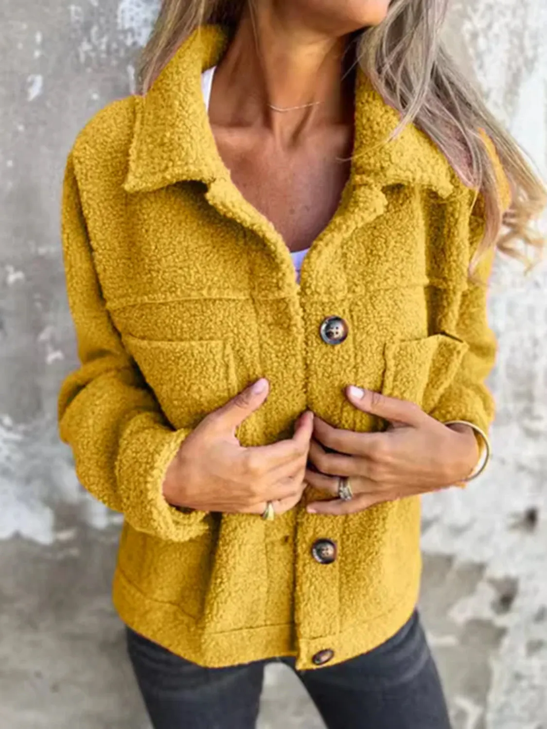 Fuzzy Button Up Drop Shoulder Jacket | Fuzzy Jackets | Cozy Weather