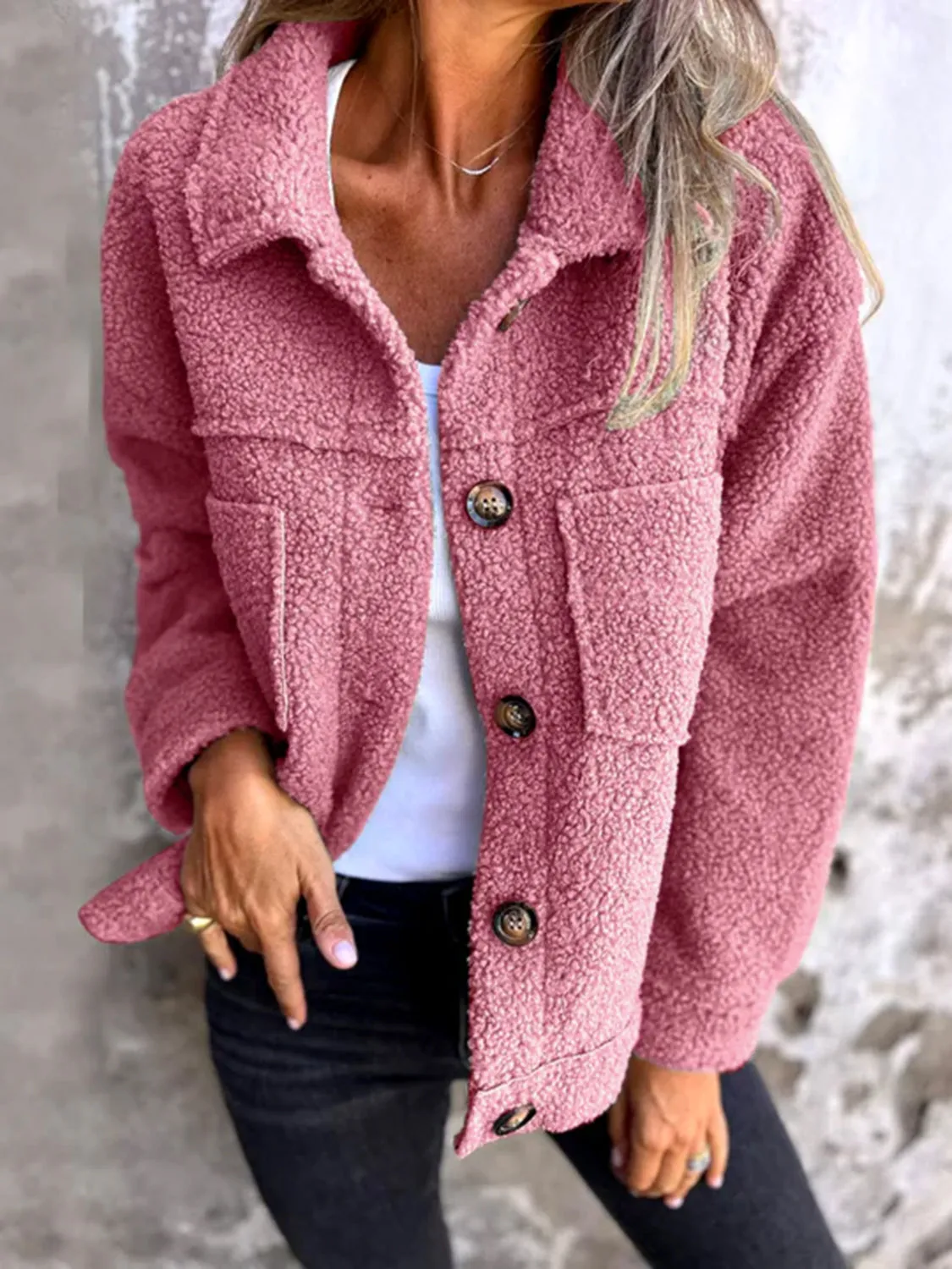 Fuzzy Button Up Drop Shoulder Jacket | Fuzzy Jackets | Cozy Weather