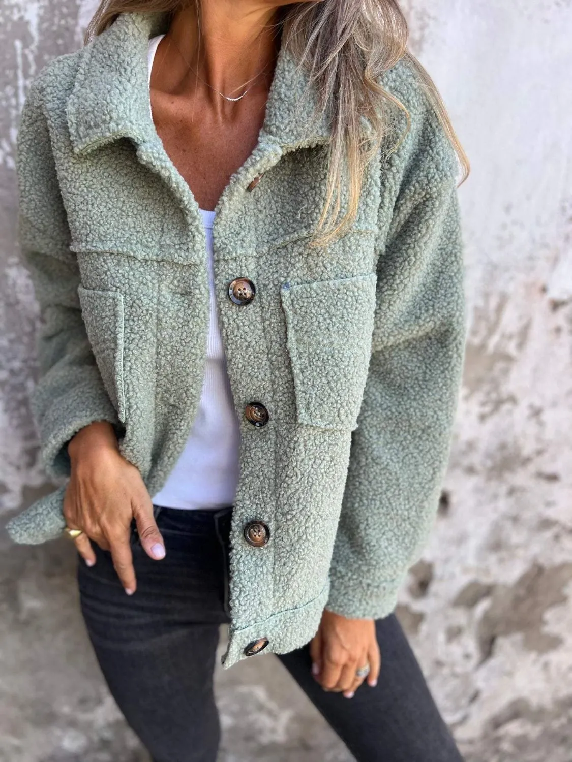 Fuzzy Button Up Drop Shoulder Jacket | Fuzzy Jackets | Cozy Weather